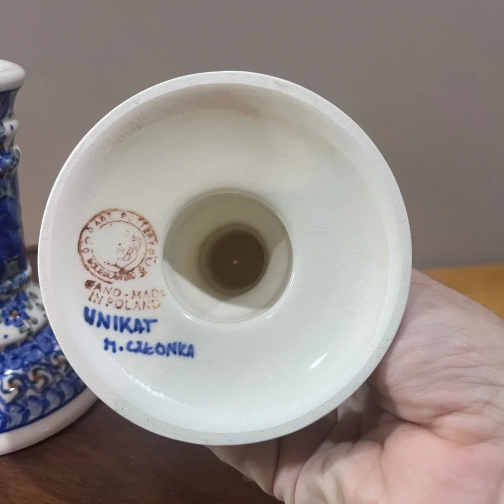 Vtg Polish Pottery Boleslawiec Unikat Blue Floral Candle Holders M Czonka Pair